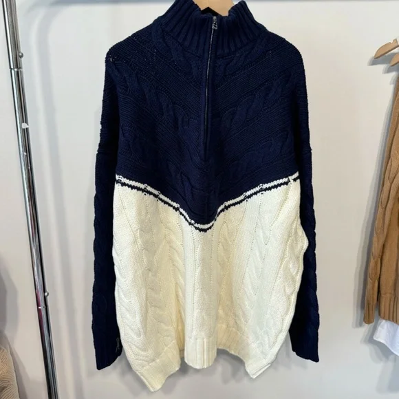 STAUD Hampton Half Zip Cable Knit Long Sweater Knit - Navy/Ivory Casual Two Tone - Picture 6 of 10